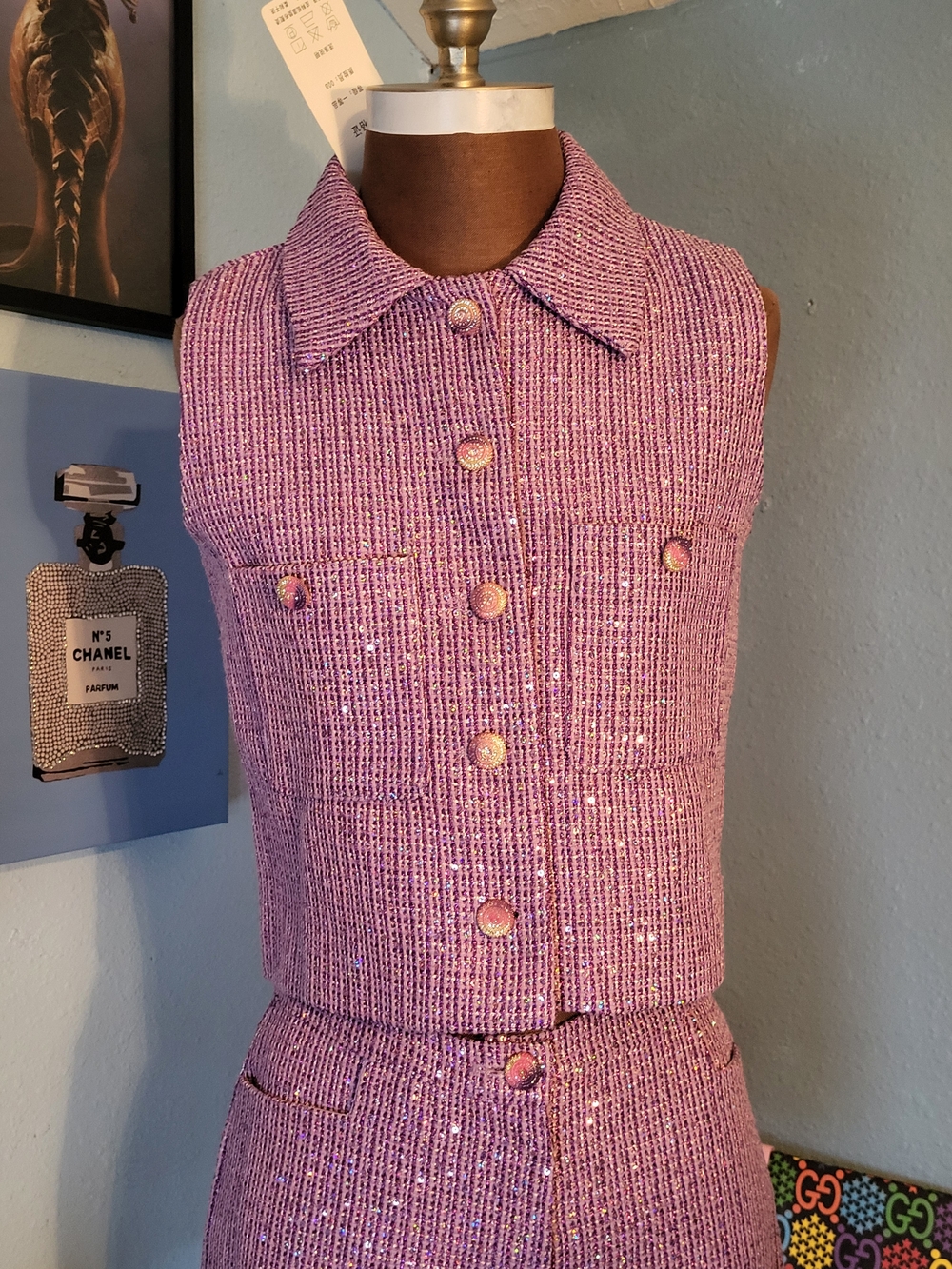 Nianlin Sleeveless Purple Sequin Tweed Shorts Set - Picture 7 of 17